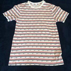 Nike Mens Striped Swoosh Logo T-Shirt White Red Navy Blue Short Sleeve Small